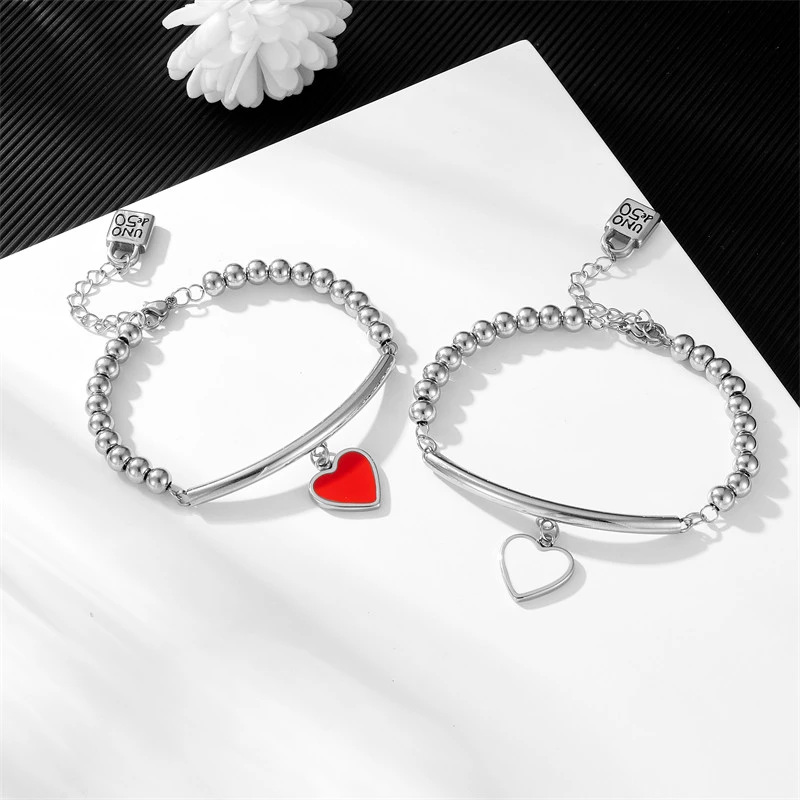 Fashion Women Men Silver Golden Steel Circle Lock Key Black Oil Letter Love Heart UNO de50 6mm Bead Bracelet Jewelry