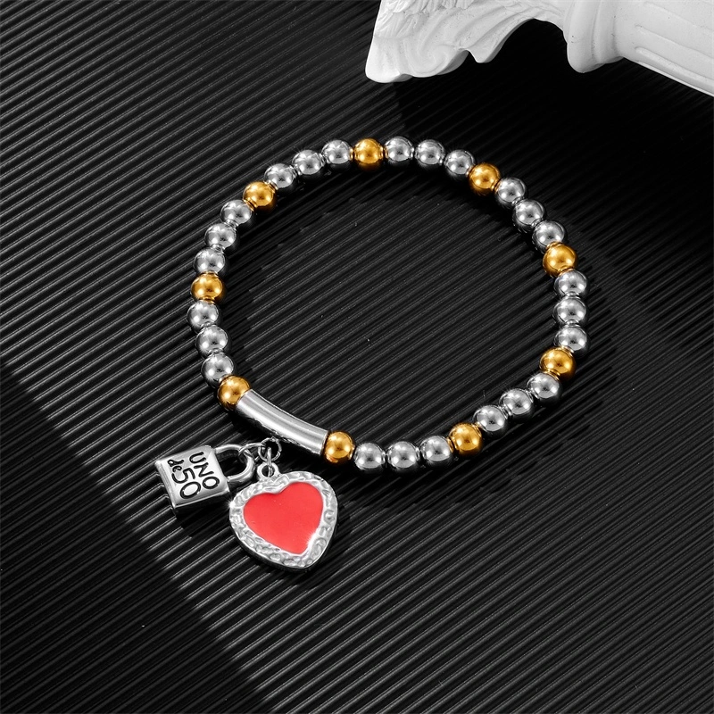 Fashion Women Silver Golden Steel Circle Lock Key Black Oil Letter Love Heart UNO de50 6mm Bead Bracelet Jewelry