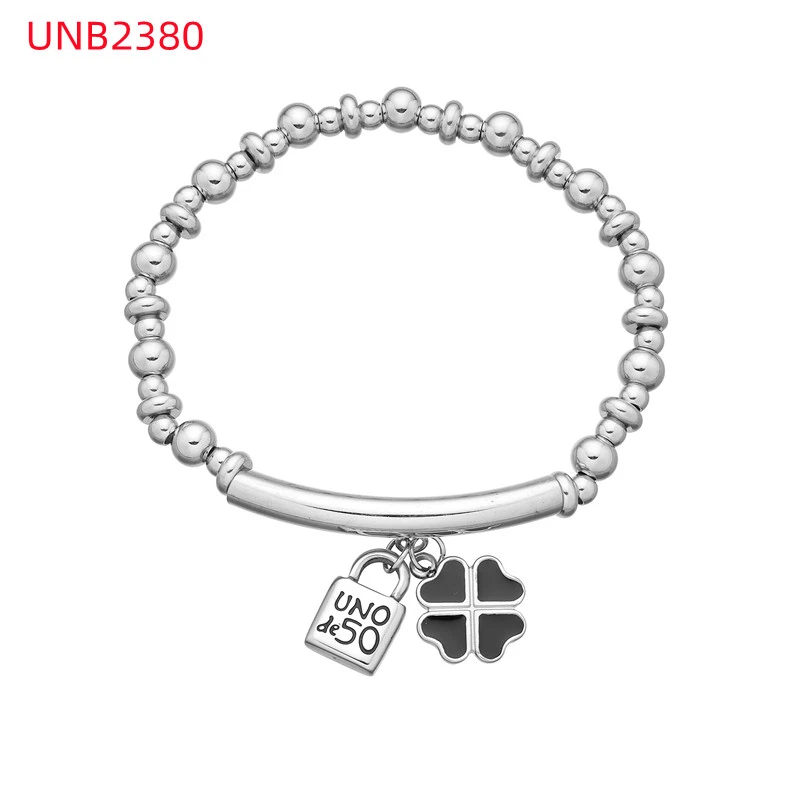 Fashion Women Men Silver Golden Steel Circle Lock Key Black Oil Letter Love Heart UNO de50 6mm Bead Bracelet Jewelry