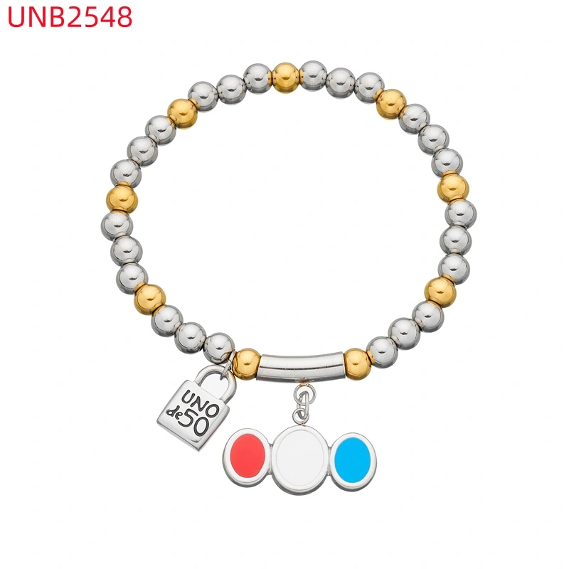 Fashion Women Silver Golden Steel Circle Lock Key Black Oil Letter Love Heart UNO de50 6mm Bead Bracelet Jewelry