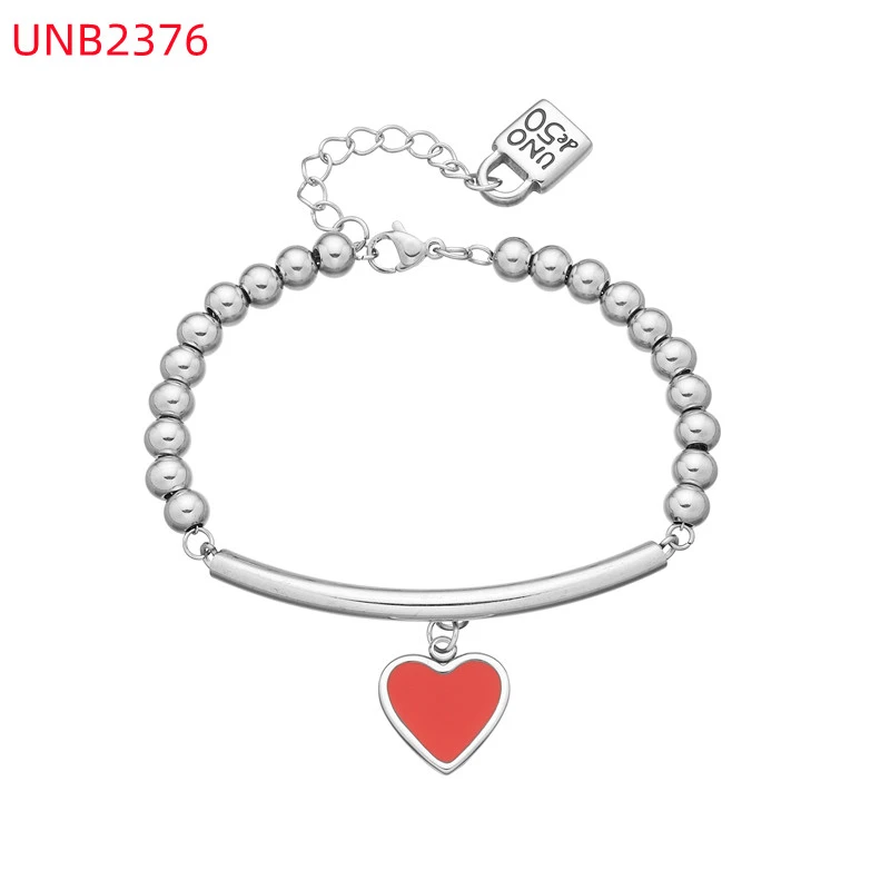 Fashion Women Men Silver Golden Steel Circle Lock Key Black Oil Letter Love Heart UNO de50 6mm Bead Bracelet Jewelry