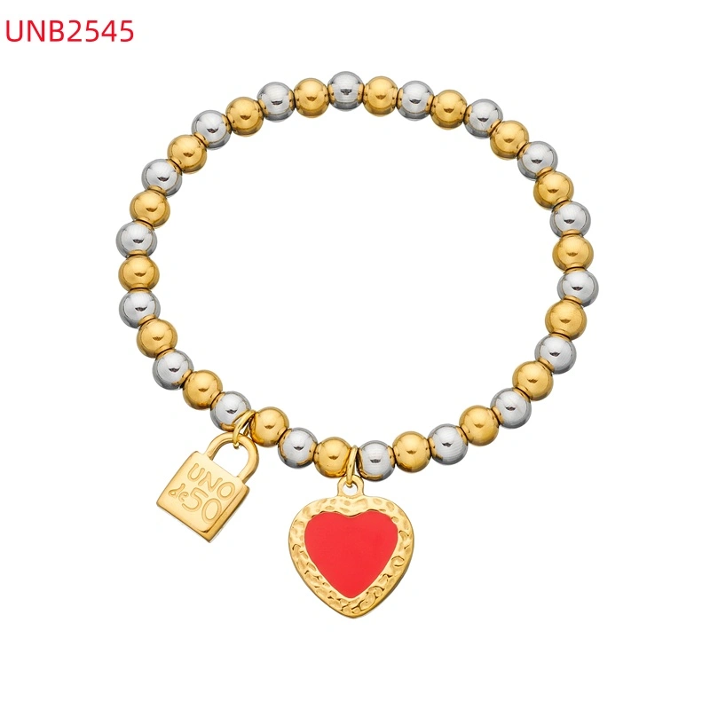 Fashion Women Silver Golden Steel Circle Lock Key Black Oil Letter Love Heart UNO de50 6mm Bead Bracelet Jewelry