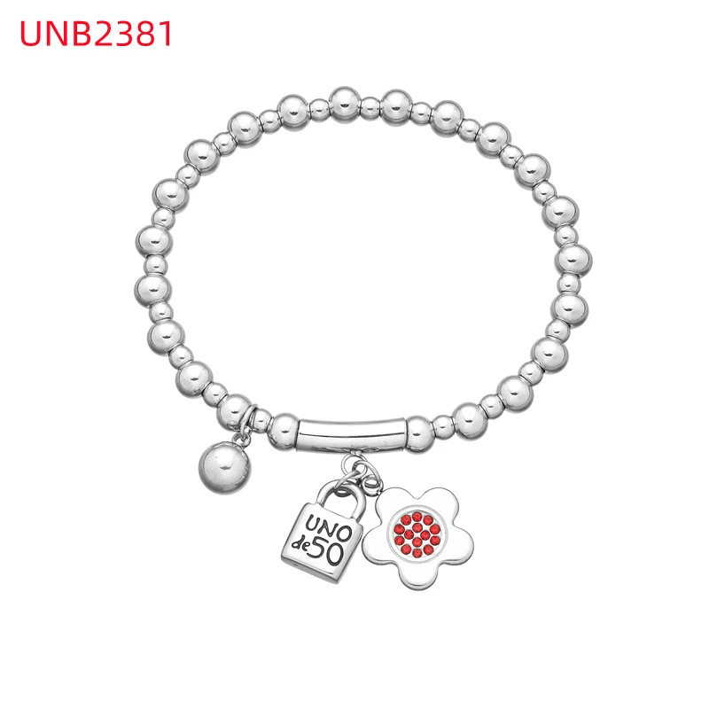 Fashion Women Men Silver Golden Steel Circle Lock Key Black Oil Letter Love Heart UNO de50 6mm Bead Bracelet Jewelry