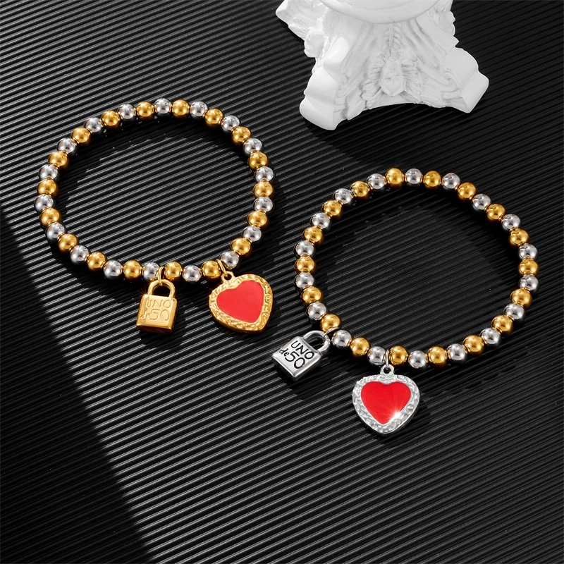 Fashion Women Silver Golden Steel Circle Lock Key Black Oil Letter Love Heart UNO de50 6mm Bead Bracelet Jewelry