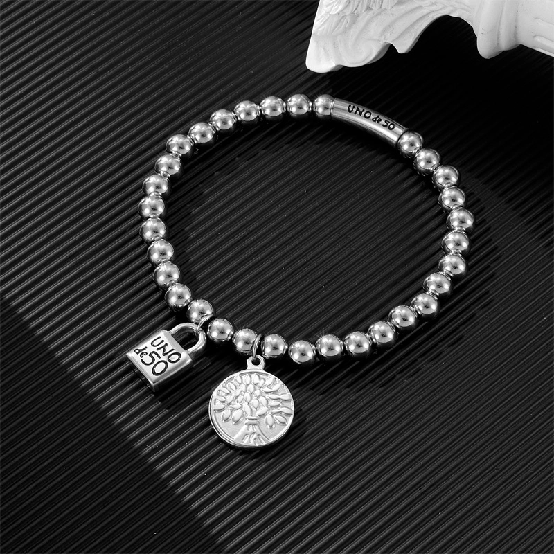 Fashion Women Silver Golden Steel Circle Lock Key Black Oil Letter Love Heart UNO de50 6mm Bead Bracelet Jewelry