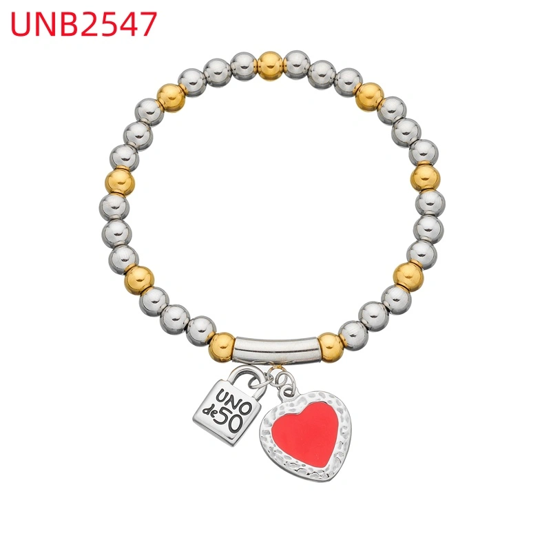 Fashion Women Silver Golden Steel Circle Lock Key Black Oil Letter Love Heart UNO de50 6mm Bead Bracelet Jewelry