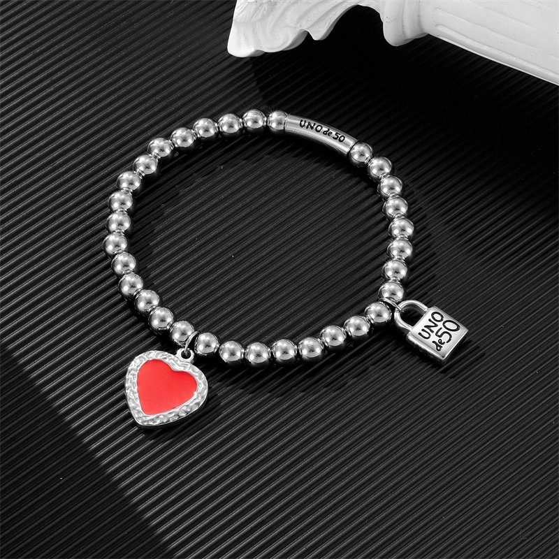 Fashion Women Silver Golden Steel Circle Lock Key Black Oil Letter Love Heart UNO de50 6mm Bead Bracelet Jewelry