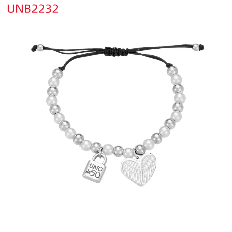 Fashion Women Men Silver Steel Lock Key Black Oil Letter Love Heart UNO de50 Bead Rope Bracelet Jewelry