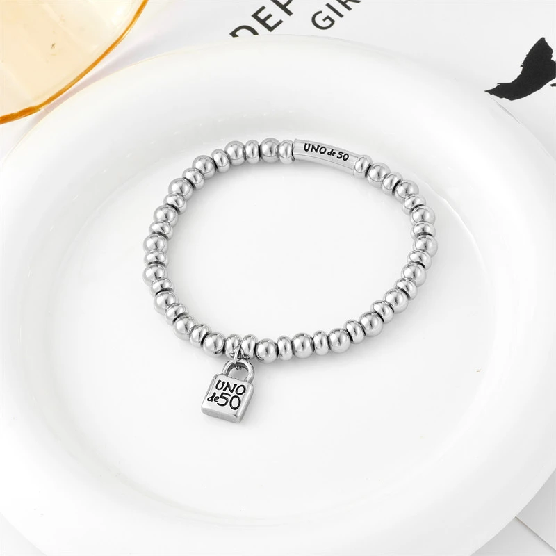 Fashion Women Men Silver Steel Lock Key Black Oil Letter Love Heart UNO de50 Bead Rope Bracelet Jewelry