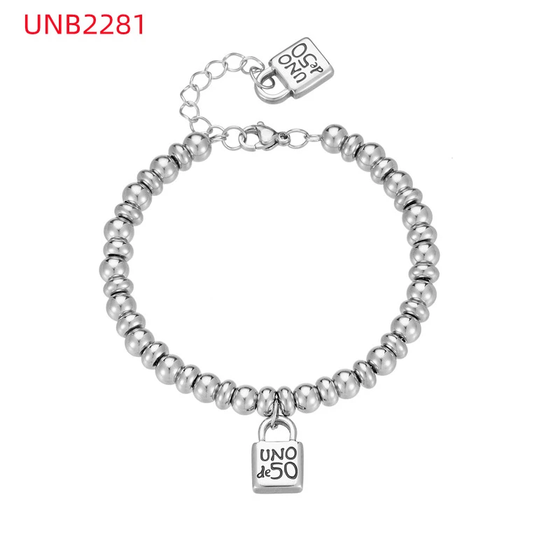 Fashion Women Men Silver Steel Lock Key Black Oil Letter Love Heart UNO de50 Bead Bracelet Jewelry