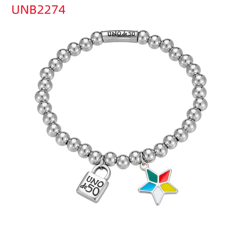 Fashion Women Men Silver Steel Lock Key Black Oil Letter Love Heart UNO de50 Bead Bracelet Jewelry