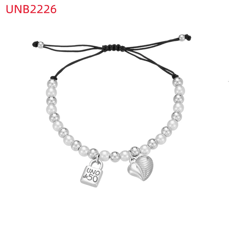 Fashion Women Men Silver Steel Lock Key Black Oil Letter Love Heart UNO de50 Bead Rope Bracelet Jewelry