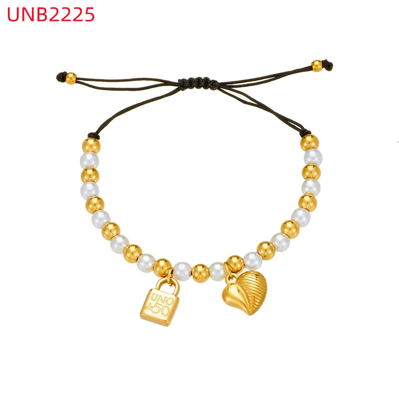 Fashion Women Men Silver Steel Lock Key Black Oil Letter Love Heart UNO de50 Bead Rope Bracelet Jewelry