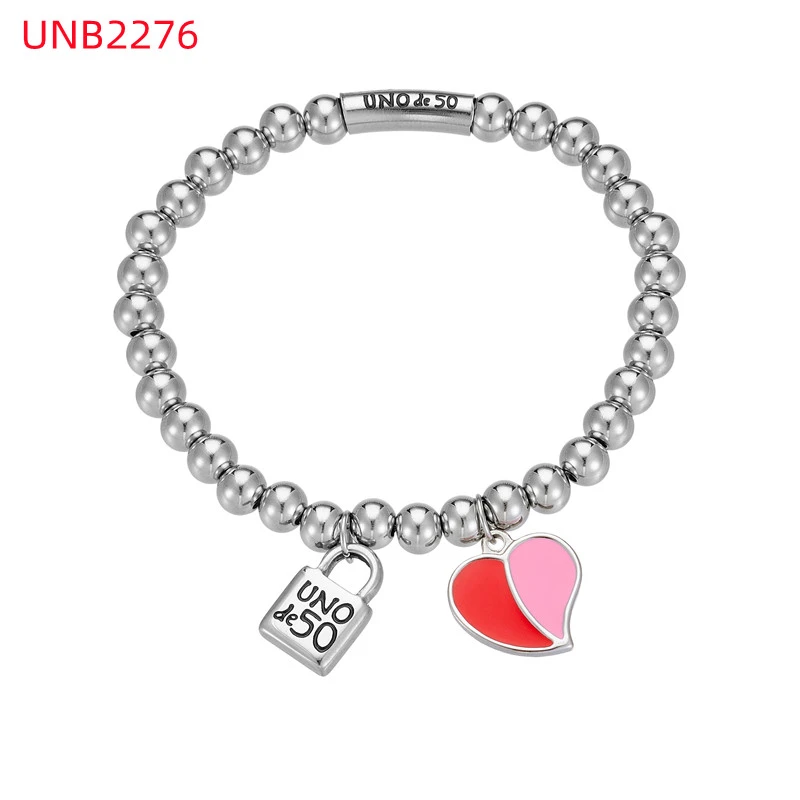 Fashion Women Men Silver Steel Lock Key Black Oil Letter Love Heart UNO de50 Bead Bracelet Jewelry