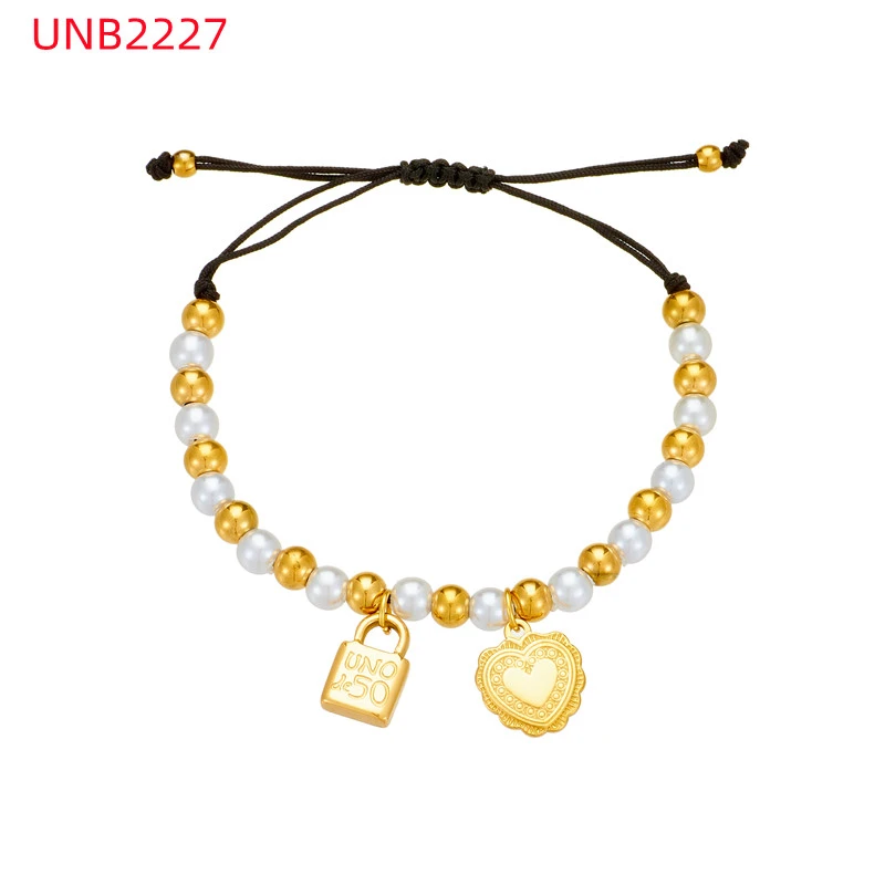 Fashion Women Men Silver Steel Lock Key Black Oil Letter Love Heart UNO de50 Bead Rope Bracelet Jewelry