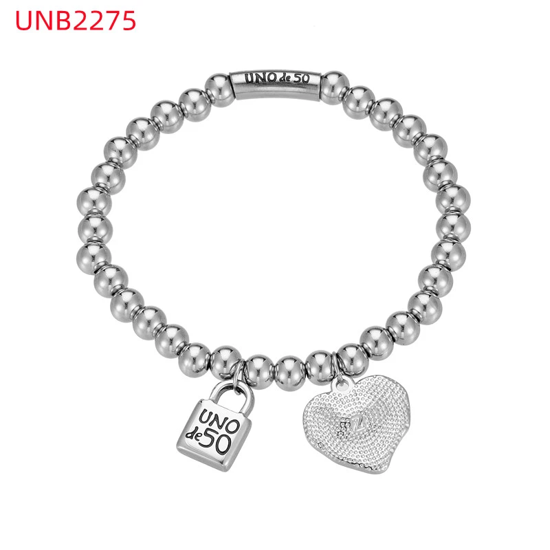 Fashion Women Men Silver Steel Lock Key Black Oil Letter Love Heart UNO de50 Bead Bracelet Jewelry