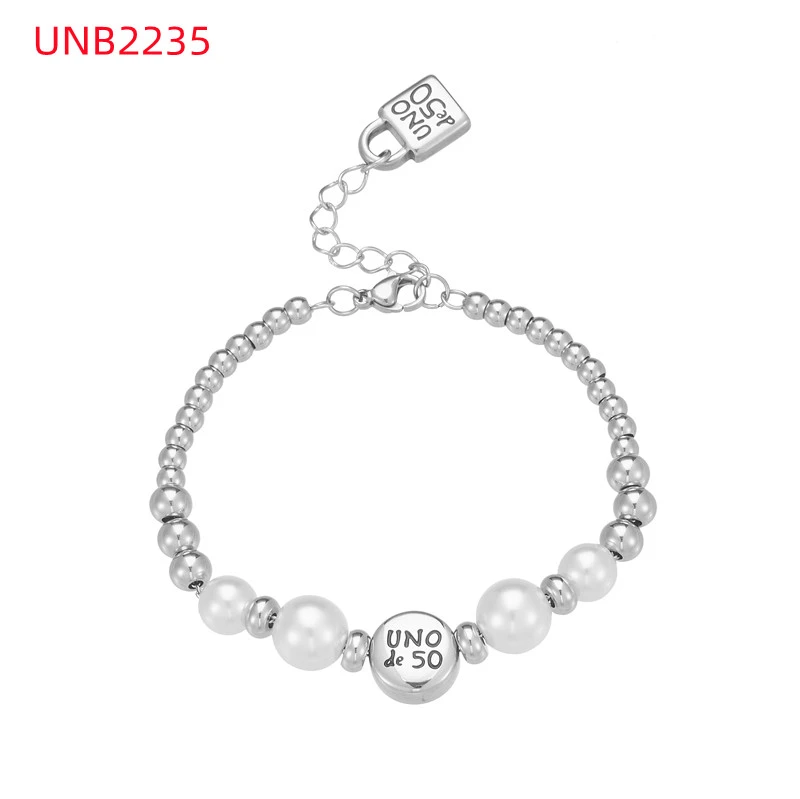 Fashion Women Men Silver Steel Lock Key Black Oil Letter Love Heart UNO de50 Bead Rope Bracelet Jewelry