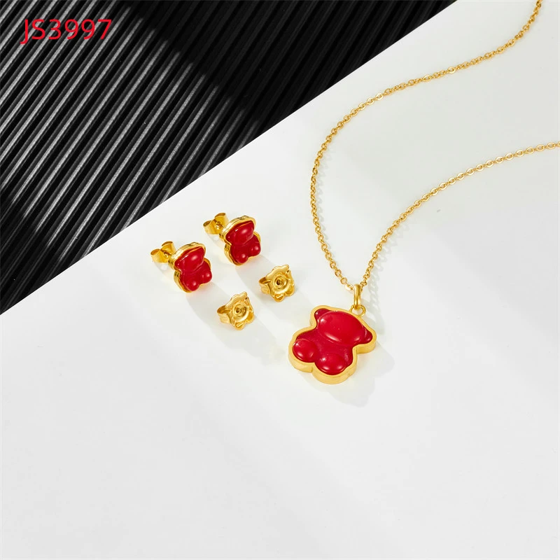 Fashion Women Silver Gold Stainless Steel TOUS Bear Black Green Pink Glass Span Pendant Necklace Earrings Jewelry