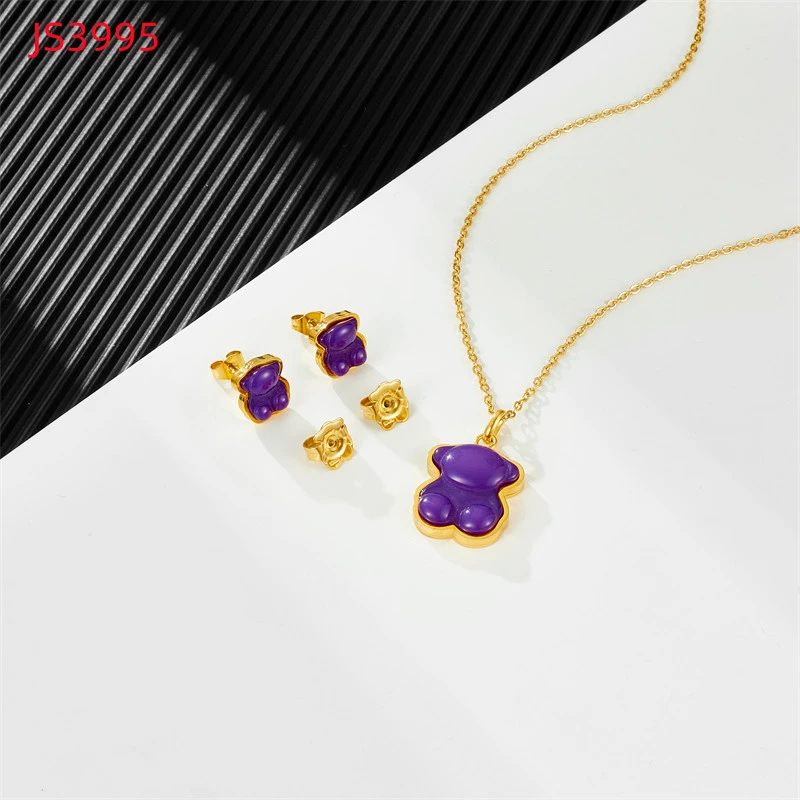 Fashion Women Silver Gold Stainless Steel TOUS Bear Black Green Pink Glass Span Pendant Necklace Earrings Jewelry