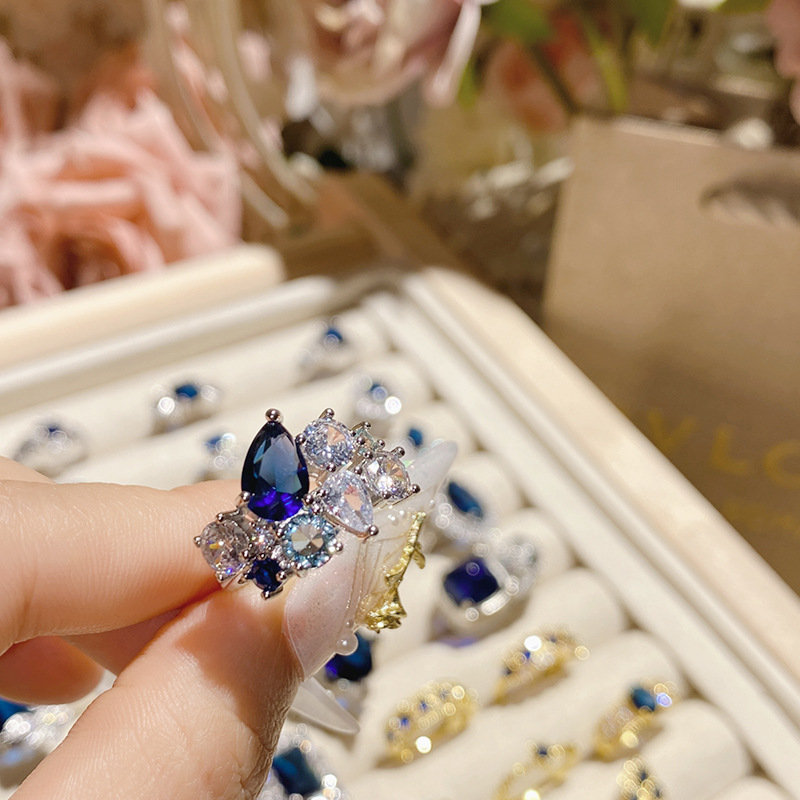 Fashion Women Blue Crystal Stones Party Finger Rings Jewelry