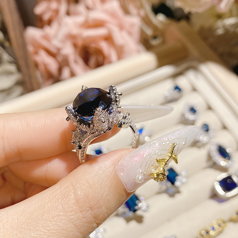 Fashion Women Delicated Blue Crystal Crown Stones Party Finger Rings Jewelry