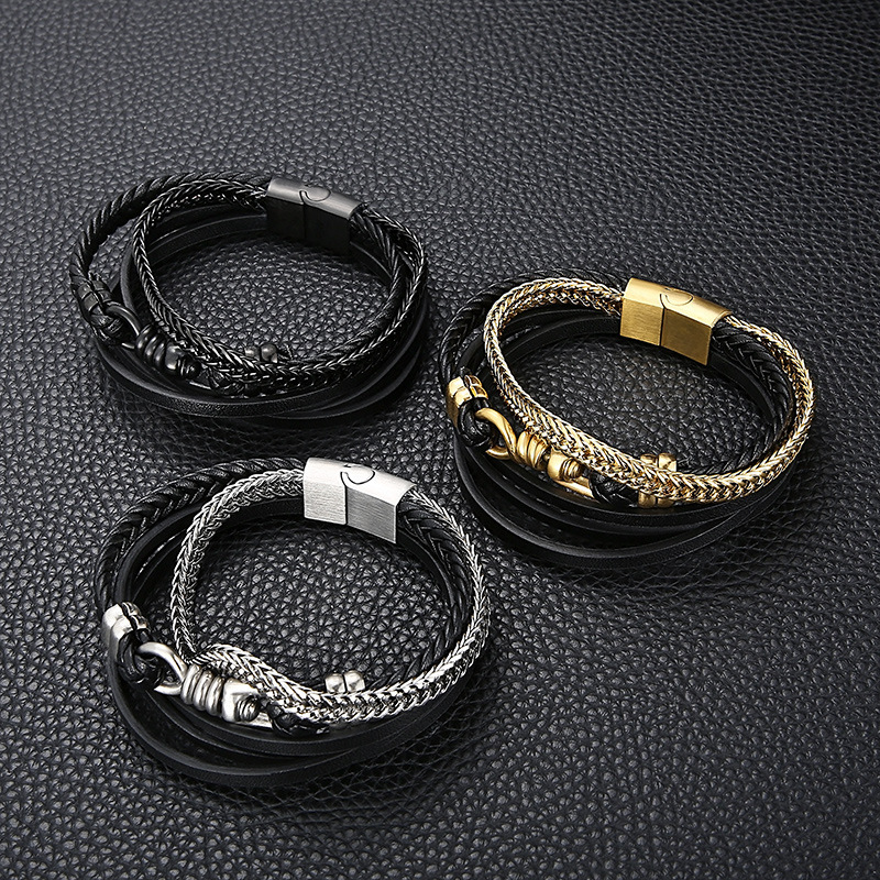 Fashion High Quality Cool Men 316L Fine Stainless Steel Link Black Chain Multilayers Bracelets