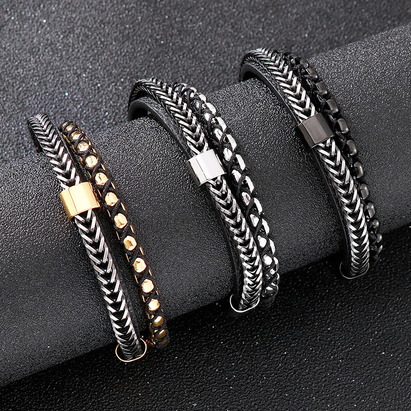 High Quality Punk Men 316L Fine Stainless Steel Braided Leather Bangles Bracelets Jewerly