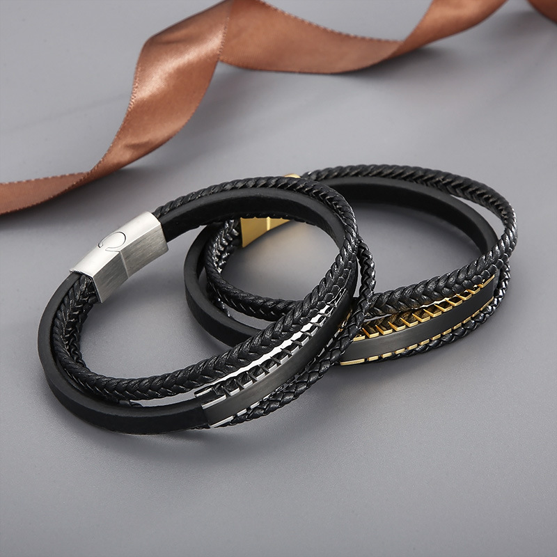 Fashion High Quality Cool Men 316L Fine Stainless Steel Black Leather Bangles Bracelets