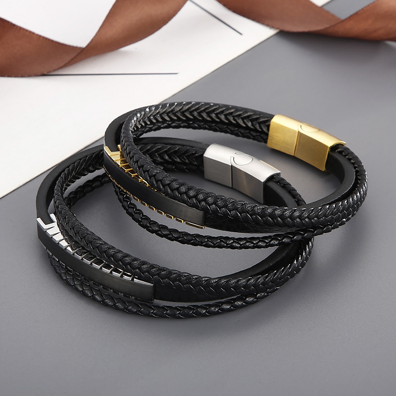 Fashion High Quality Cool Men 316L Fine Stainless Steel Black Leather Bangles Bracelets
