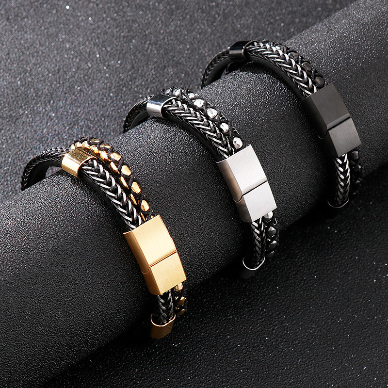 High Quality Punk Men 316L Fine Stainless Steel Braided Leather Bangles Bracelets Jewerly