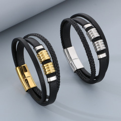 High Quality Cool Men 316L Fine Stainless Steel Braided Black Leather Bangles Bracelets