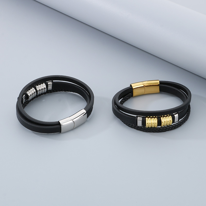 High Quality Cool Men 316L Fine Stainless Steel Braided Black Leather Bangles Bracelets