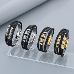 High Quality Cool Men 316L Fine Stainless Steel Braided Black Leather Bangles Bracelets