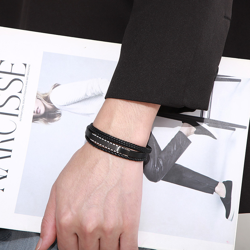 Fashion High Quality Cool Men 316L Fine Stainless Steel Black Leather Bangles Bracelets