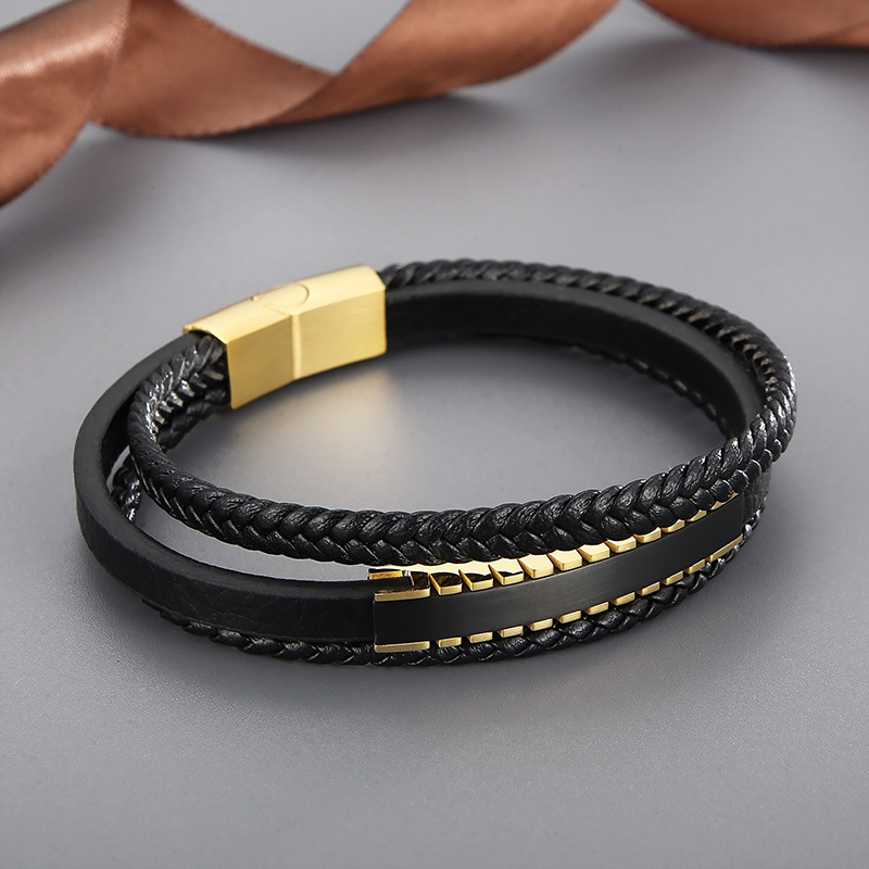 Fashion High Quality Cool Men 316L Fine Stainless Steel Black Leather Bangles Bracelets