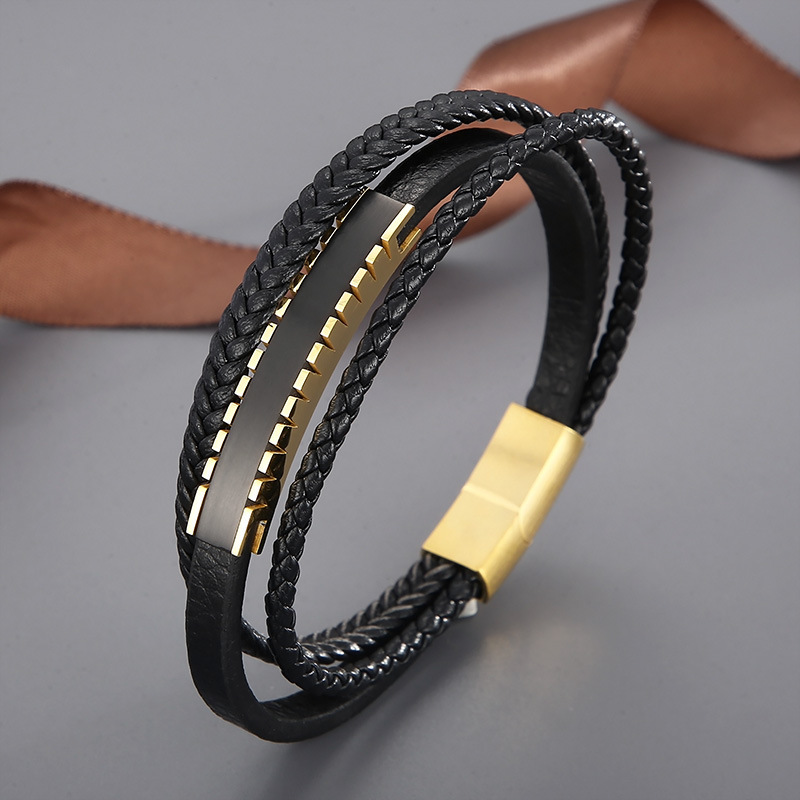 Fashion High Quality Cool Men 316L Fine Stainless Steel Black Leather Bangles Bracelets