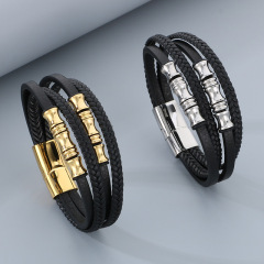 High Quality Cool Men 316L Fine Stainless Steel Braided Black Leather Bangles Bracelets