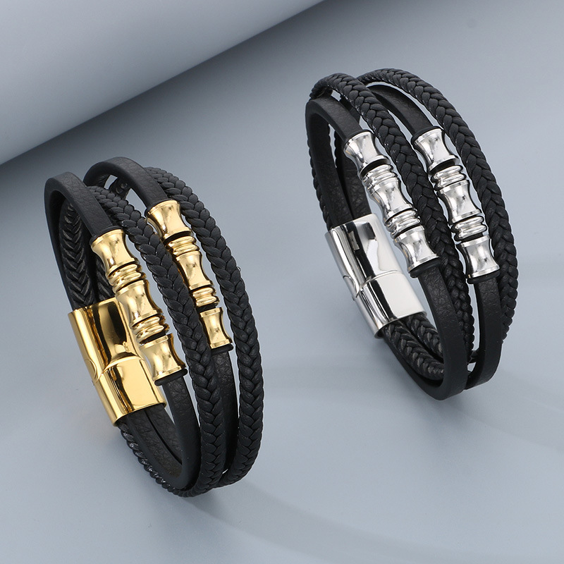 High Quality Cool Men 316L Fine Stainless Steel Braided Black Leather Bangles Bracelets