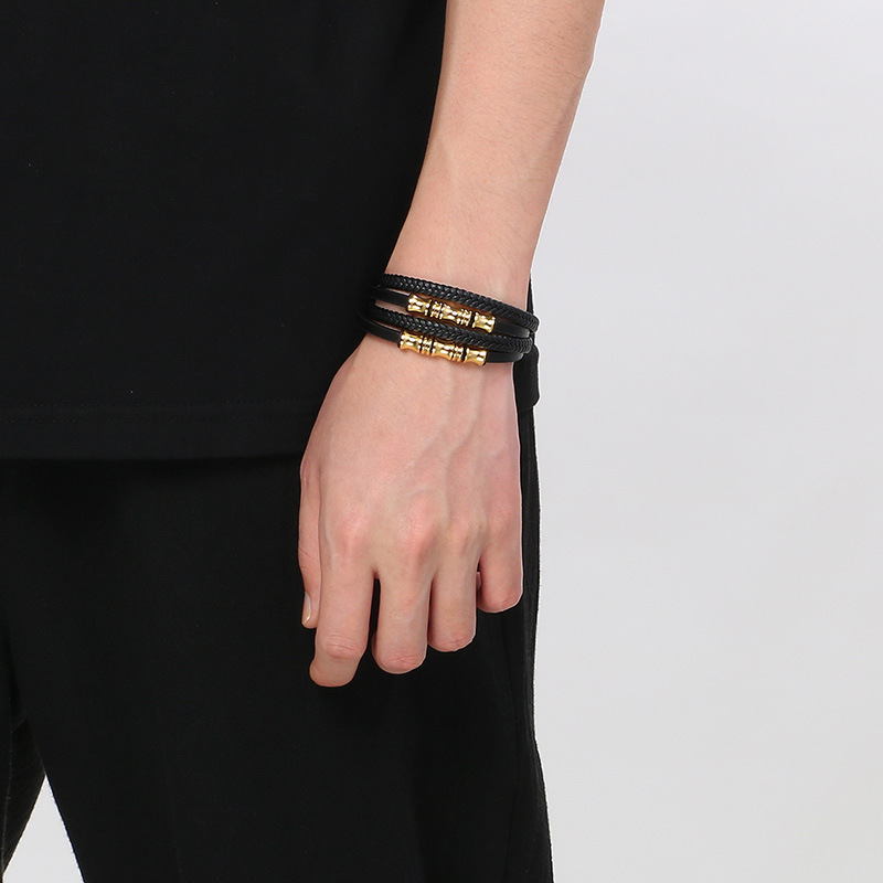 High Quality Cool Men 316L Fine Stainless Steel Braided Black Leather Bangles Bracelets