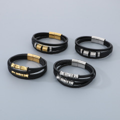 High Quality Cool Men 316L Fine Stainless Steel Braided Black Leather Bangles Bracelets