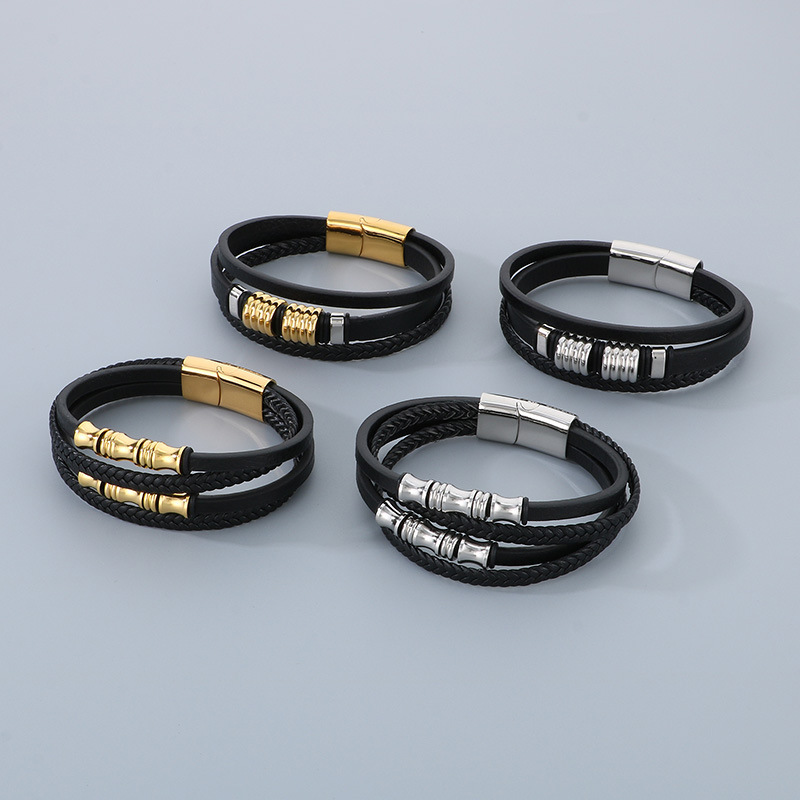 High Quality Cool Men 316L Fine Stainless Steel Braided Black Leather Bangles Bracelets