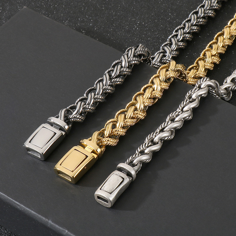 Fashion Cool Men Silver Gold Black 316L Stainless Steel Braided Thick Popcorn Chain Necklace Jewelry