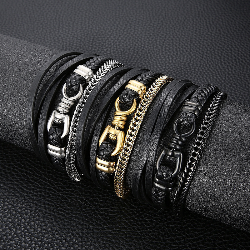 Fashion High Quality Cool Men 316L Fine Stainless Steel Link Black Chain Multilayers Bracelets