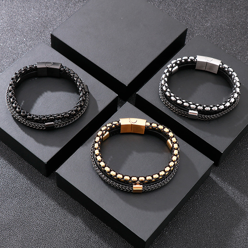 High Quality Punk Men 316L Fine Stainless Steel Braided Leather Bangles Bracelets Jewerly
