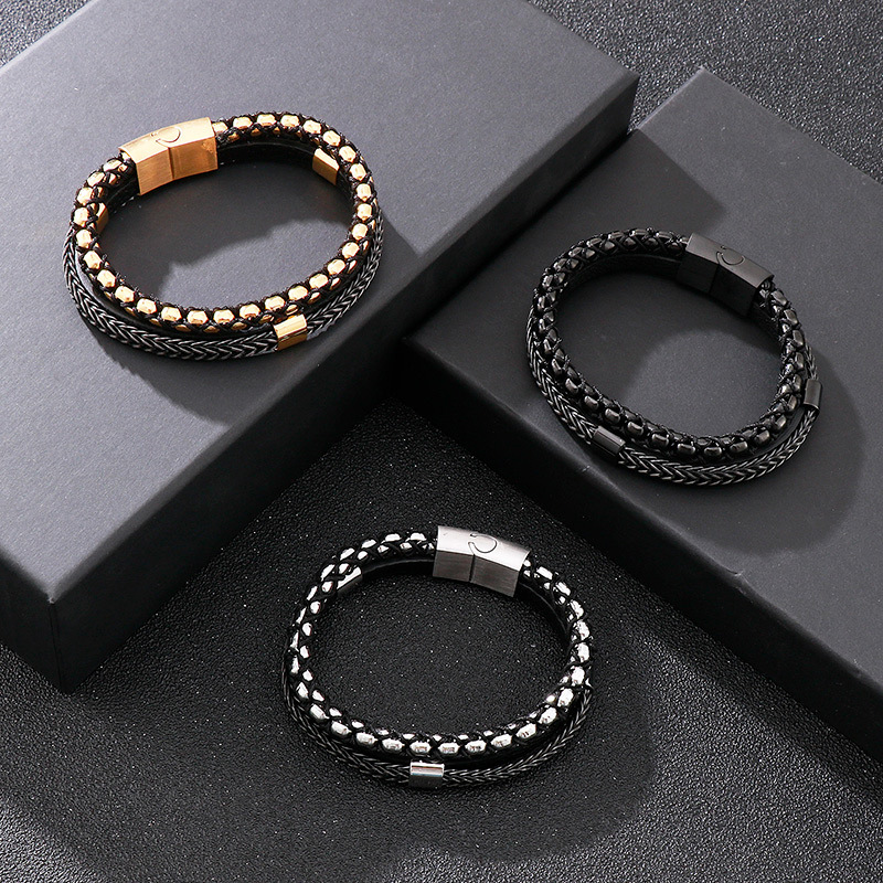 High Quality Punk Men 316L Fine Stainless Steel Braided Leather Bangles Bracelets Jewerly