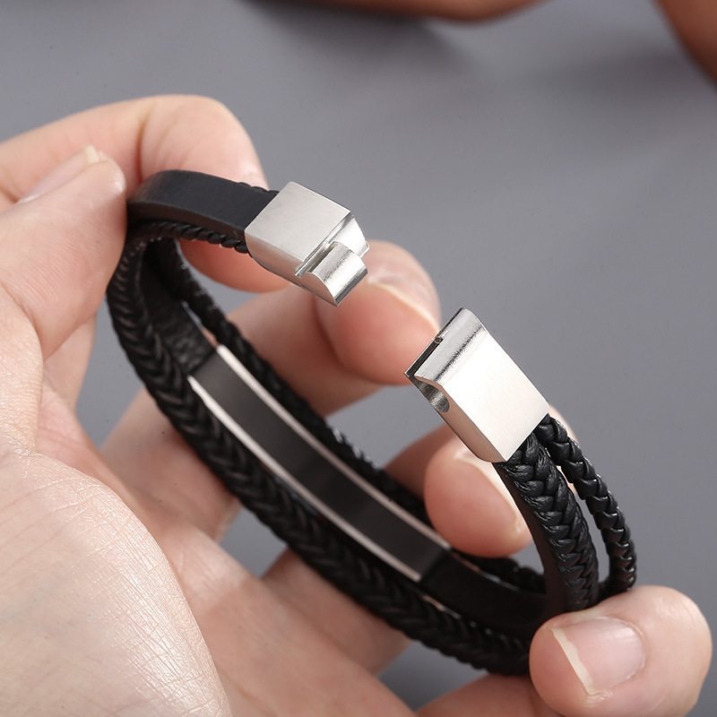 Fashion High Quality Cool Men 316L Fine Stainless Steel Black Leather Bangles Bracelets
