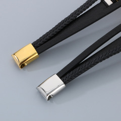 High Quality Cool Men 316L Fine Stainless Steel Braided Black Leather Bangles Bracelets