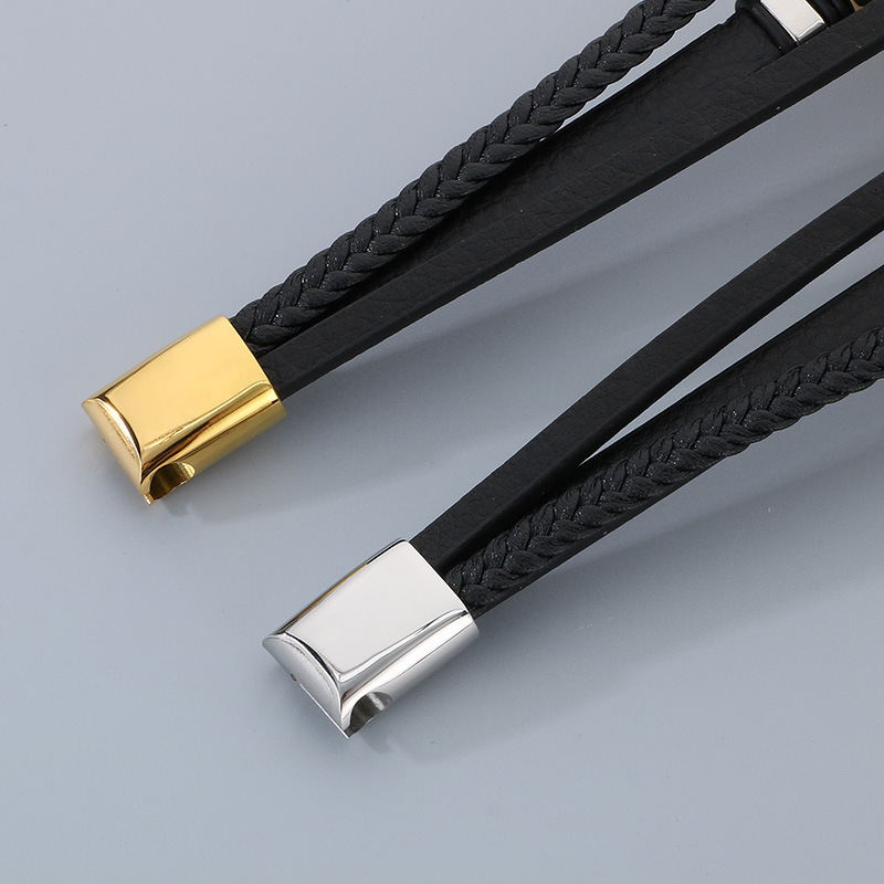 High Quality Cool Men 316L Fine Stainless Steel Braided Black Leather Bangles Bracelets