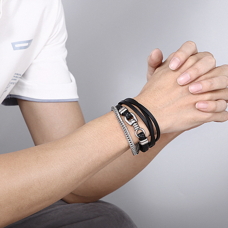 Fashion High Quality Cool Men 316L Fine Stainless Steel Link Black Chain Multilayers Bracelets