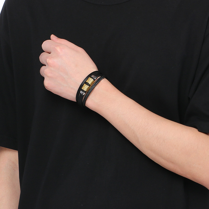 High Quality Cool Men 316L Fine Stainless Steel Braided Black Leather Bangles Bracelets